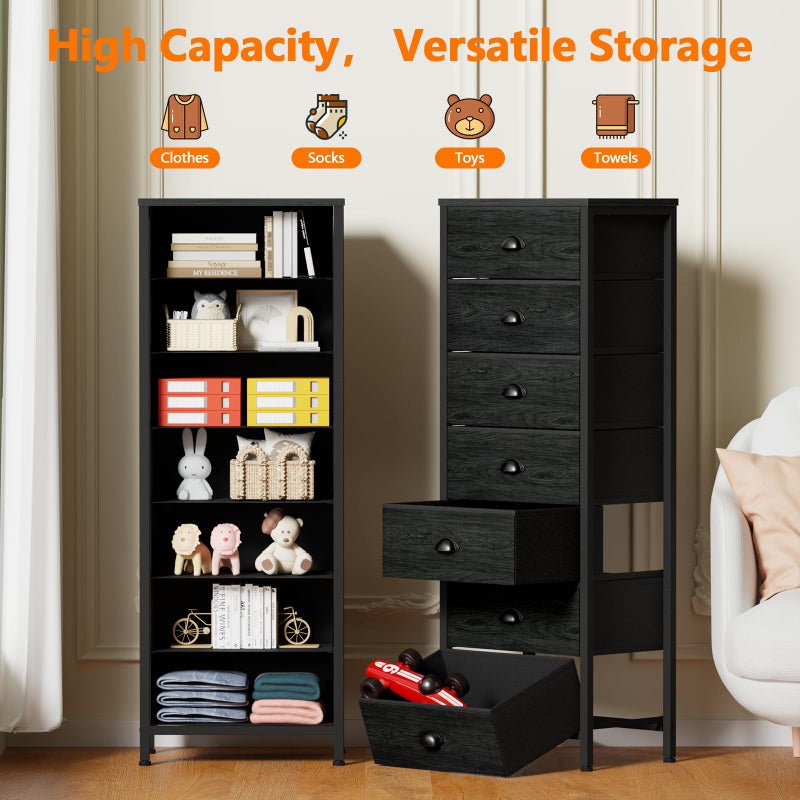 Furnulem Bedroom Dresser, Tall Chests of Drawers with 7 Fabric Bins, Black Organizer in Closet, Dorm, Living Room, Nursery, Hallyway-Storage Tower Unit, Sturdy Steel Frame - Image 2