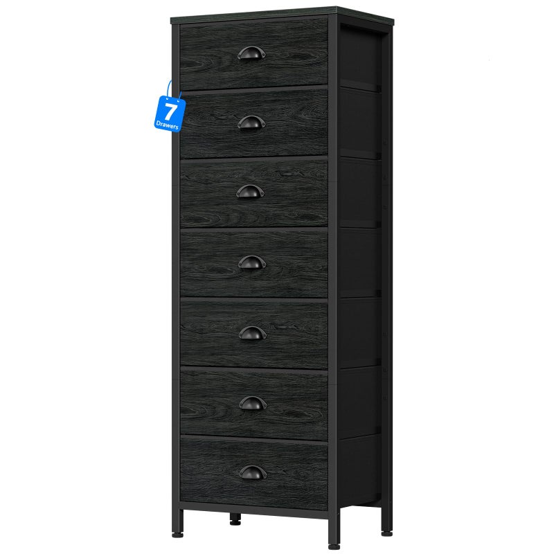 Furnulem Bedroom Dresser, Tall Chests of Drawers with 7 Fabric Bins, Black Organizer in Closet, Dorm, Living Room, Nursery, Hallyway-Storage Tower Unit, Sturdy Steel Frame - Image 1