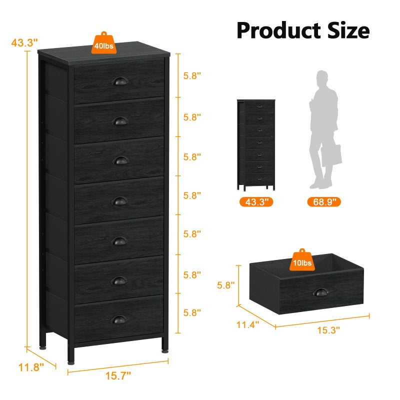 Furnulem Bedroom Dresser, Tall Chests of Drawers with 7 Fabric Bins, Black Organizer in Closet, Dorm, Living Room, Nursery, Hallyway-Storage Tower Unit, Sturdy Steel Frame - Image 3