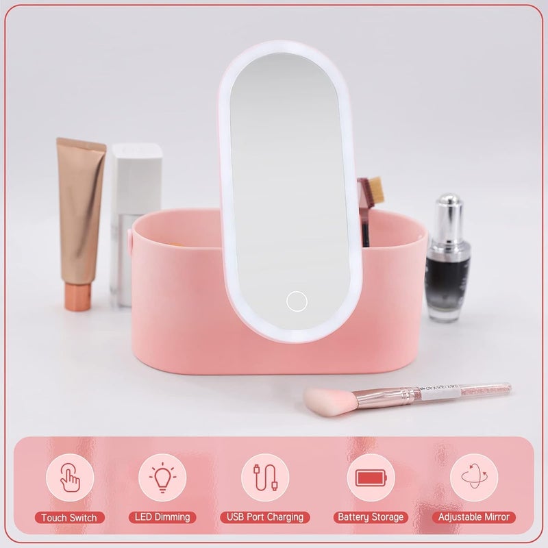 كاست ويف حقيبة مكياج مع مرآة وضوء، صندوق مستحضرات تجميل محمول مع ضوء LED، تخزين مكياج متعدد الأغراض مع مقبض لغرفة النوم والتخييم والسفر التجاري (وردي) - Image 2