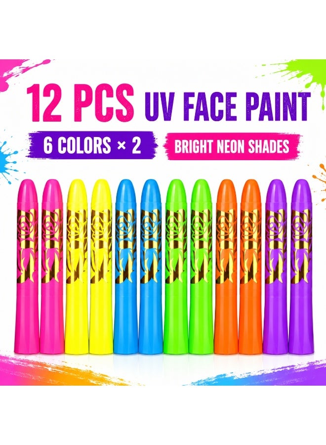 LYNLYN 12 PCS UV Face Paint Sticks, Neon Body Art Crayons, 6 Colors x 2, Glow Under UV Light, Color Matched Caps, For Festivals, Parties, Family Fun - Image 2