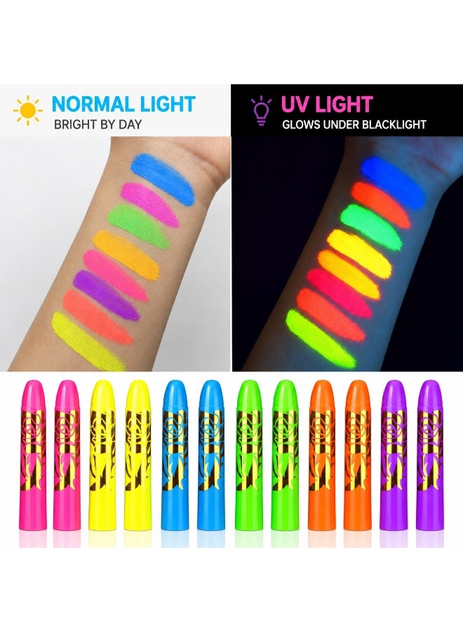 LYNLYN 12 PCS UV Face Paint Sticks, Neon Body Art Crayons, 6 Colors x 2, Glow Under UV Light, Color Matched Caps, For Festivals, Parties, Family Fun - Image 4