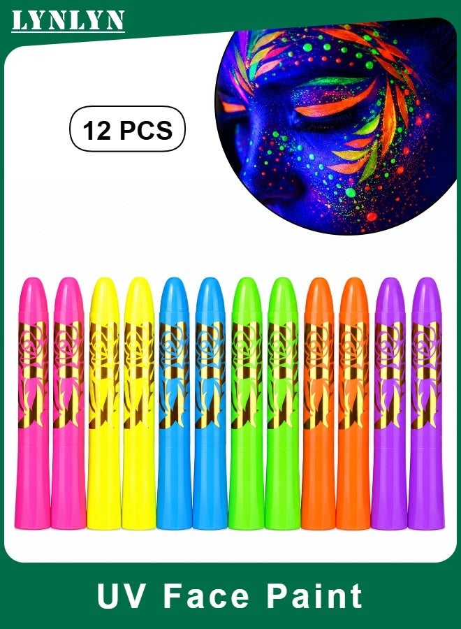 LYNLYN 12 PCS UV Face Paint Sticks, Neon Body Art Crayons, 6 Colors x 2, Glow Under UV Light, Color Matched Caps, For Festivals, Parties, Family Fun - Image 1