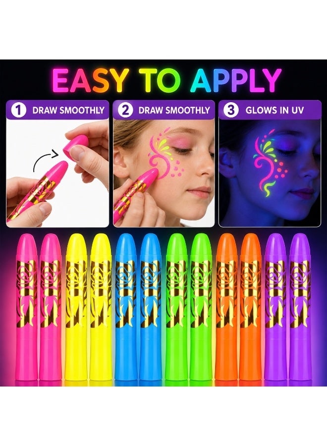 LYNLYN 12 PCS UV Face Paint Sticks, Neon Body Art Crayons, 6 Colors x 2, Glow Under UV Light, Color Matched Caps, For Festivals, Parties, Family Fun - Image 5