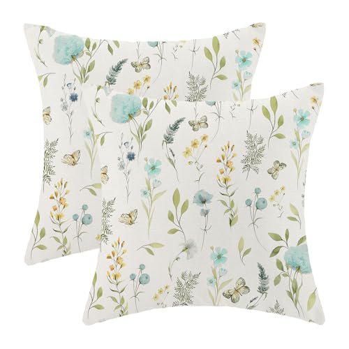 AEIOAE Spring Pillow Covers 16x16 Inch Set of 2 Aqua Teal Sage Green Wild Flower Throw Pillows CaseColorful Seasonal Floral Plant Outdoor Decorative Farmhouse Decor Cushion Covers for Sofa Bed Couch - Image 1