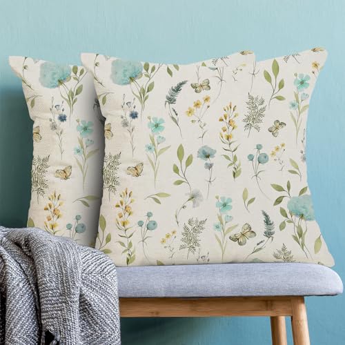 AEIOAE Spring Pillow Covers 16x16 Inch Set of 2 Aqua Teal Sage Green Wild Flower Throw Pillows CaseColorful Seasonal Floral Plant Outdoor Decorative Farmhouse Decor Cushion Covers for Sofa Bed Couch - Image 3
