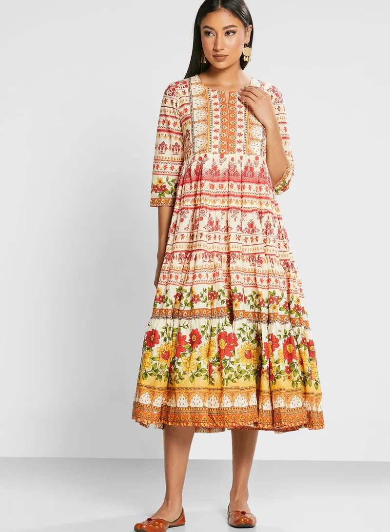 Biba Printed Pleat Detail  Dress