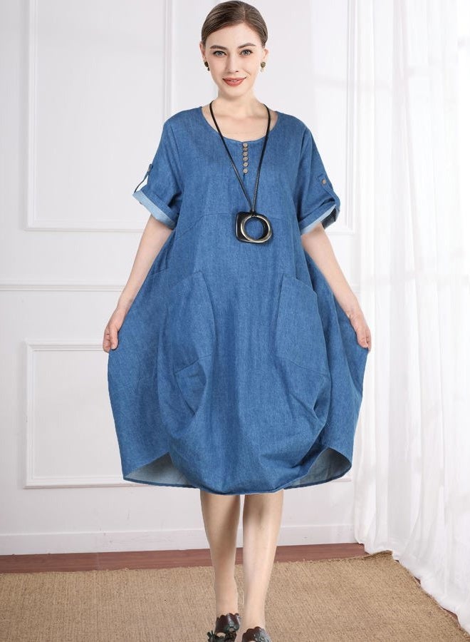 Minibee Women's Ruffle Oversize Casual Midi Dresses with Pockets, Blue, XL - Image 5