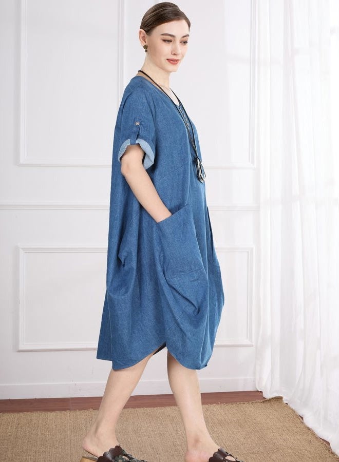 Minibee Women's Ruffle Oversize Casual Midi Dresses with Pockets, Blue, XL - Image 3