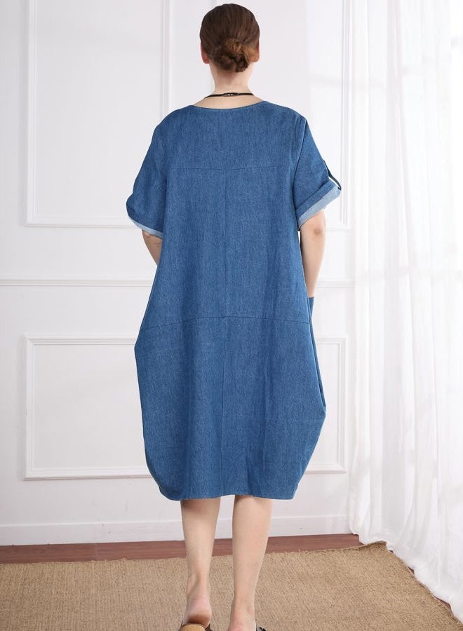 Minibee Women's Ruffle Oversize Casual Midi Dresses with Pockets, Blue, XL - Image 4