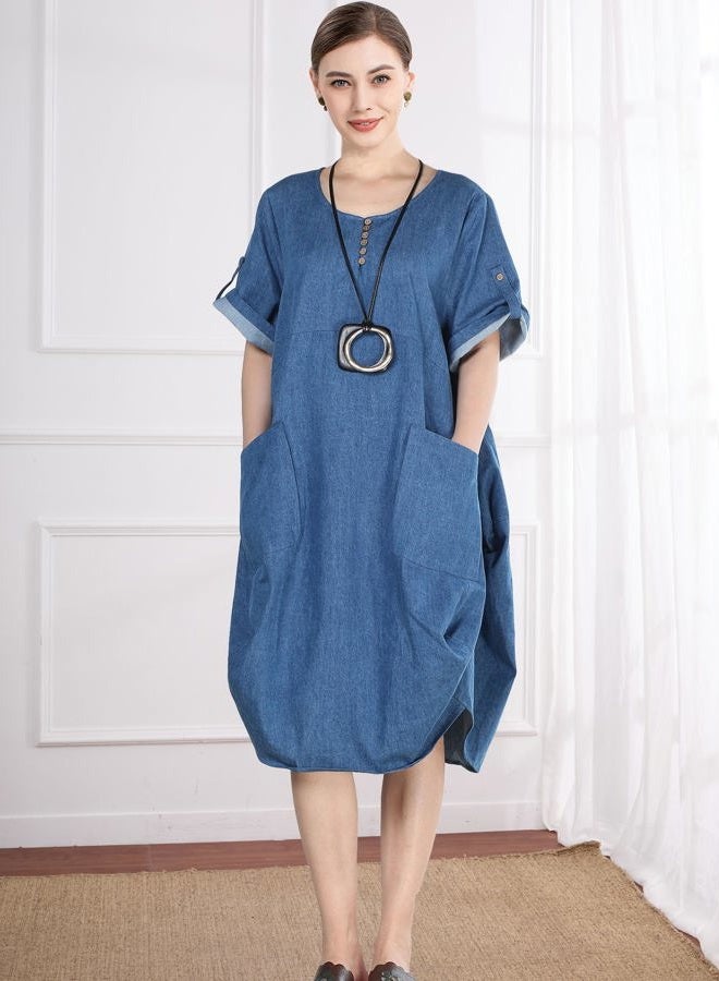 Minibee Women's Ruffle Oversize Casual Midi Dresses with Pockets, Blue, XL - Image 2