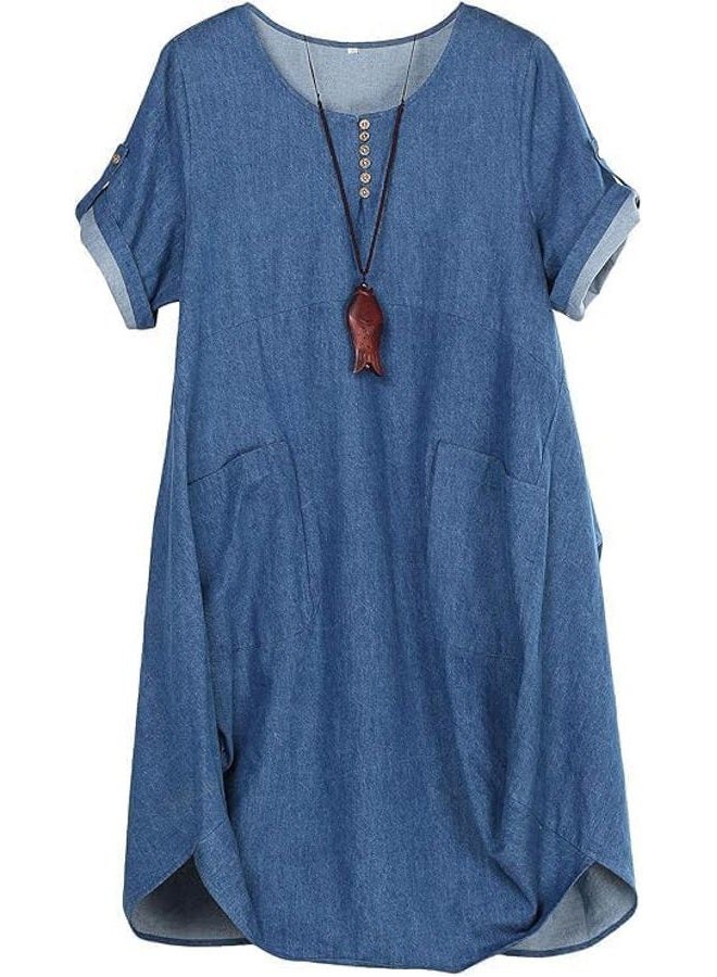 Minibee Women's Ruffle Oversize Casual Midi Dresses with Pockets, Blue, XL - Image 1