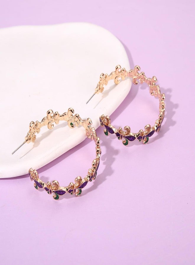 BVGA Holiday Hoop Earrings for Women Glitter Festive Enamel Purple Green Yellow Fleur De Lis Hoops for Mardi Gras Jewelry Gifts for Party Carnival - Image 5