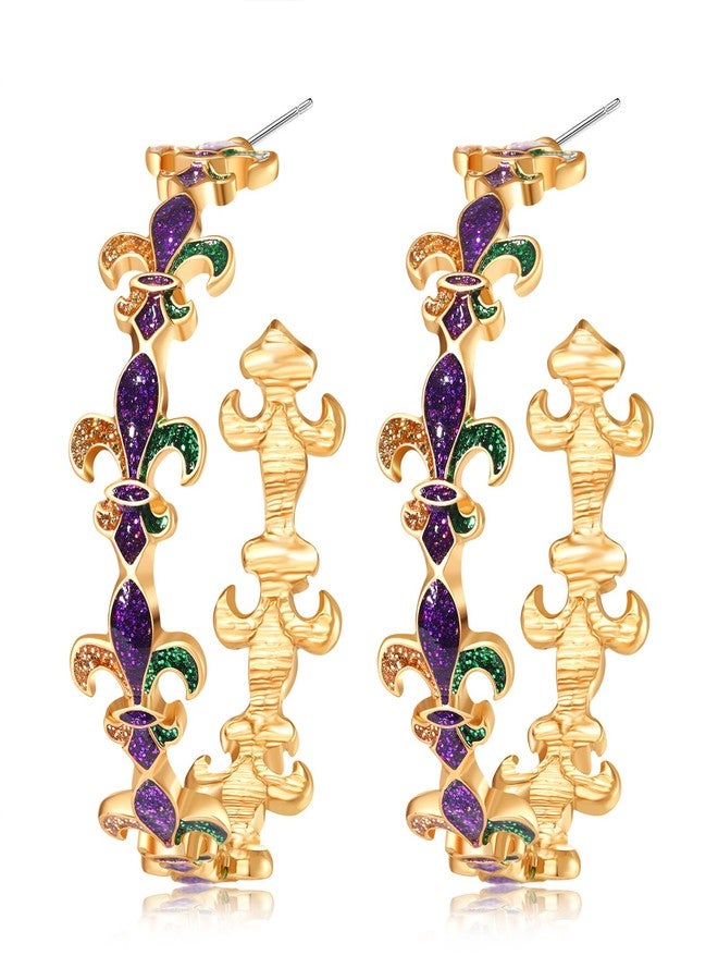 BVGA Holiday Hoop Earrings for Women Glitter Festive Enamel Purple Green Yellow Fleur De Lis Hoops for Mardi Gras Jewelry Gifts for Party Carnival - Image 1