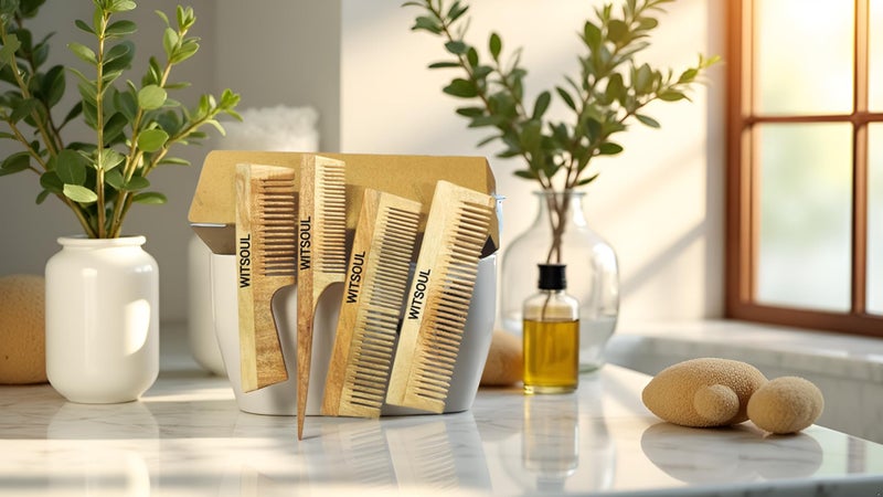 WITSOUL Neem Wood Comb ORGANIC/Ayurvedic/Anti-Dandruff Comb For Men And Women/Brown color/ (SET OF 4) (2patticomb) - Image 2