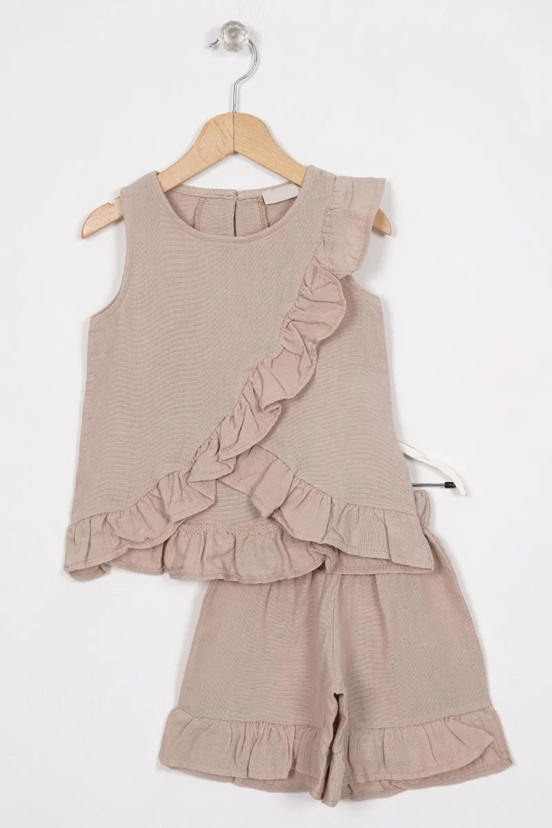 Zepkids Brown Color Girl Shorts Set with Frills on Front and Hem
