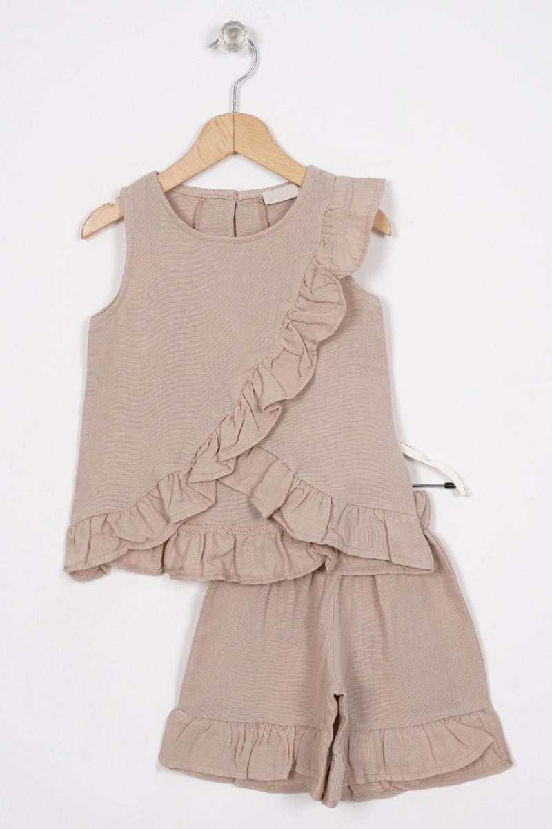 Zepkids Brown Color Girl Shorts Set with Frills on Front and Hem  - Image 1