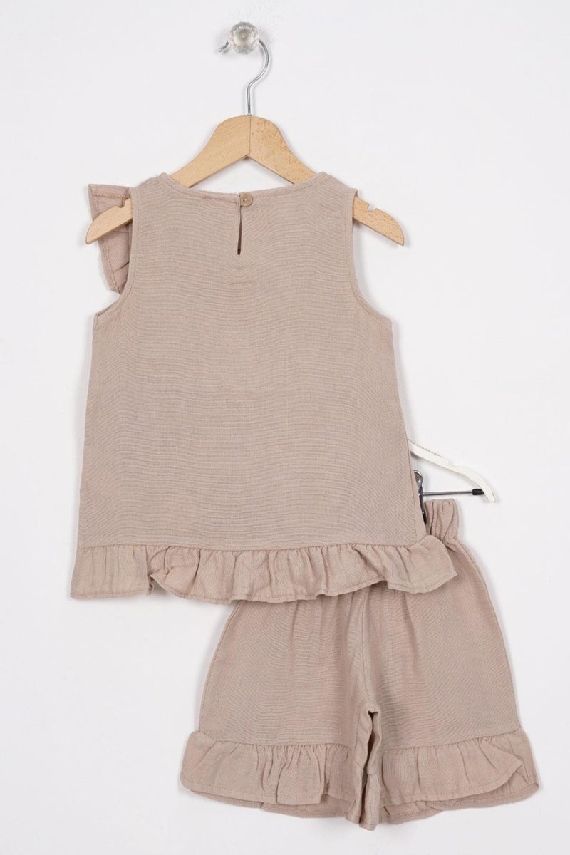 Zepkids Brown Color Girl Shorts Set with Frills on Front and Hem  - Image 3