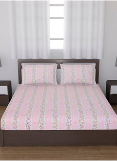 Status Contract Spring Summer Collection-Cotton Rich Double Bedsheet with 2 Pillow Covers for Bed Room, Home, Hotel-120 GSM, Pink Lines, 210 X 215 Cm  - Image 1