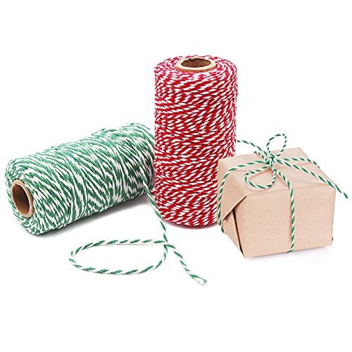 Benvo Pack of 2 Green White Cotton Twine and Red White Packing String Christmas Xmas Twine Rope Ribbon Cord for Baking, Butchers, DIY Crafts Wrapping Ornaments Hanging 656 ft Long - Image 1