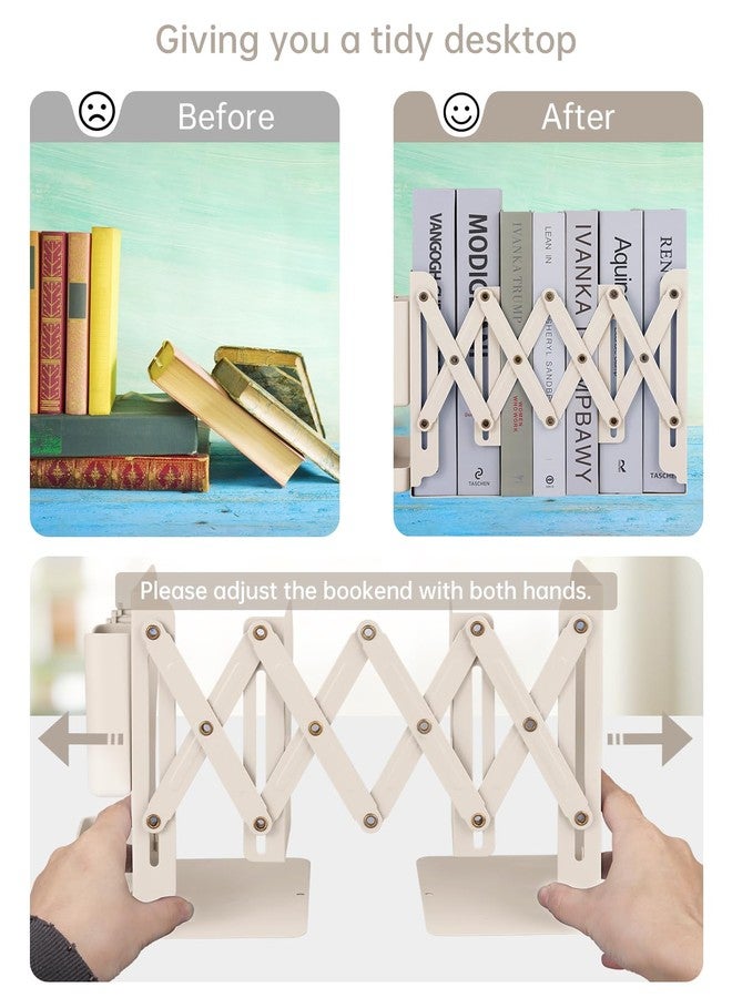 Honagu Adjustable Bookends, Metal Book Ends for Shelves Heavy Book, Bookend for Home, Office, Books, Papers, Book Stopper with Removable Hook, Pen Holder, Gifts for Students, Teachers（Milky White） - Image 2