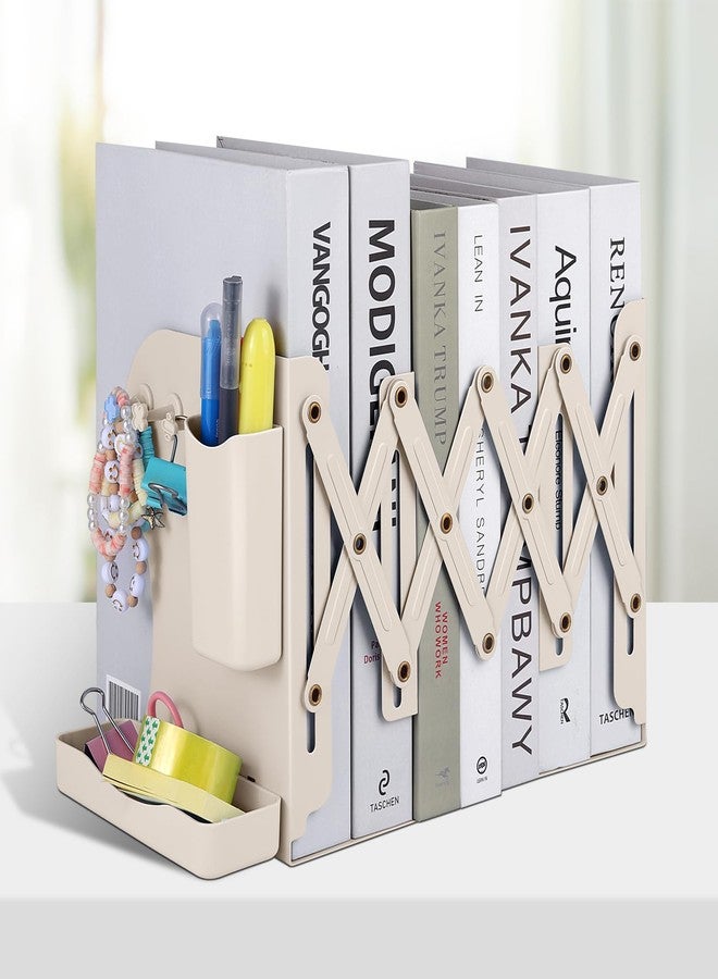 Honagu Adjustable Bookends, Metal Book Ends for Shelves Heavy Book, Bookend for Home, Office, Books, Papers, Book Stopper with Removable Hook, Pen Holder, Gifts for Students, Teachers（Milky White） - Image 1