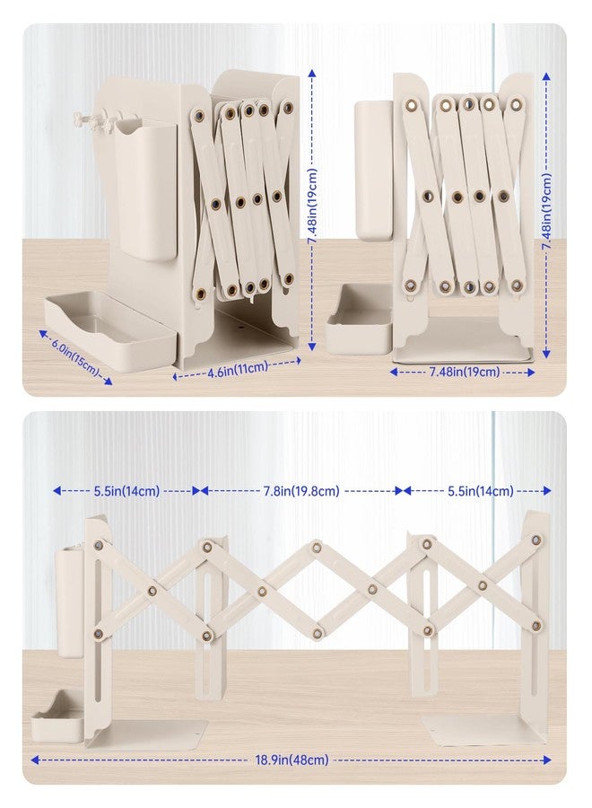Honagu Adjustable Bookends, Metal Book Ends for Shelves Heavy Book, Bookend for Home, Office, Books, Papers, Book Stopper with Removable Hook, Pen Holder, Gifts for Students, Teachers（Milky White） - Image 3