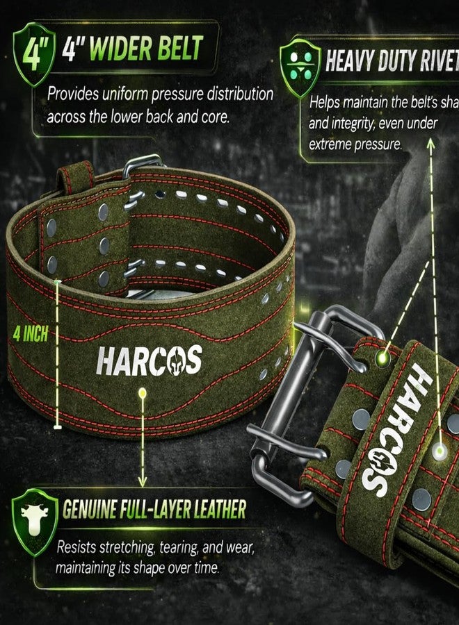 Harcos Leather Weightlifting Gym Belt for Men & Women with Prone Buckle | Back Support Belt for Lifting, Squats, Deadlifts, Powerlifting & Strength Training | Adjustable Waist Workout Gym United states power lifting association & IPL Approved (Army-Green, S) - Image 2