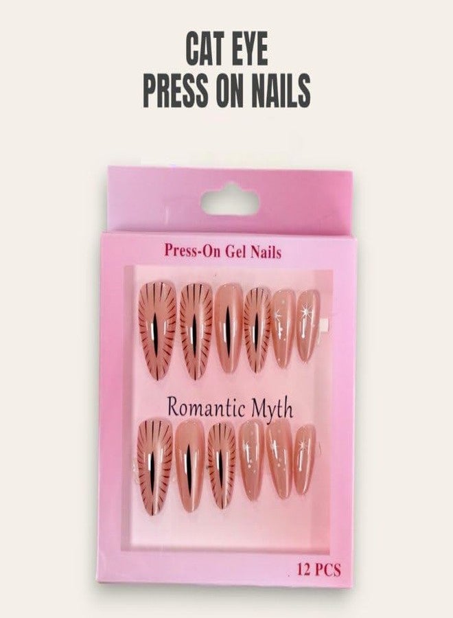 FICTIOUS 12PCS Reusable Magnetic Cat Eye Press-On Nails - High Shine Illusion Gel Nail Tips for Women & Girls, Premium Artificial Nails (Multicolor & Multidesign - As Per Stock Availability) - Image 3