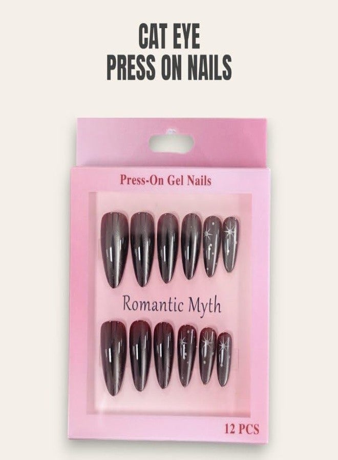 FICTIOUS 12PCS Reusable Magnetic Cat Eye Press-On Nails - High Shine Illusion Gel Nail Tips for Women & Girls, Premium Artificial Nails (Multicolor & Multidesign - As Per Stock Availability) - Image 4
