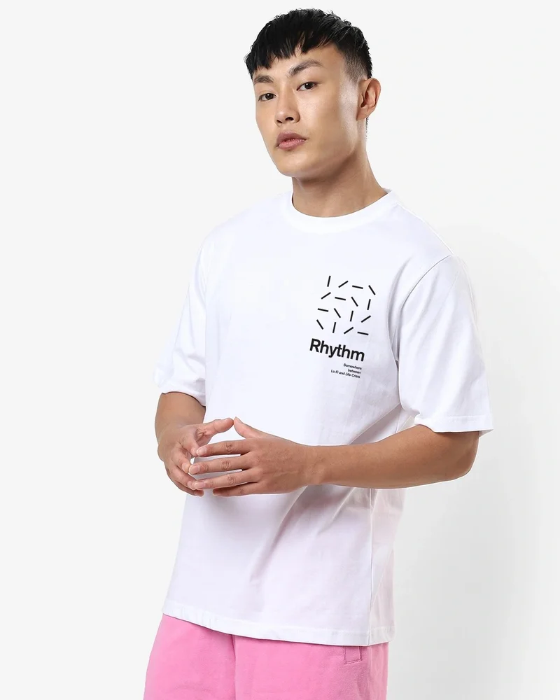 bewakoof Men's White Rhythm Typography Oversized T-shirt