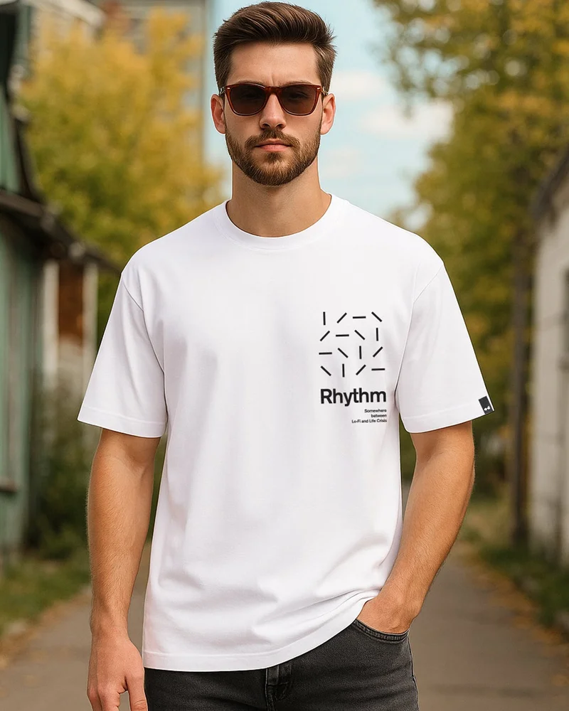 بيواكوف Men's White Rhythm Typography Oversized T-shirt