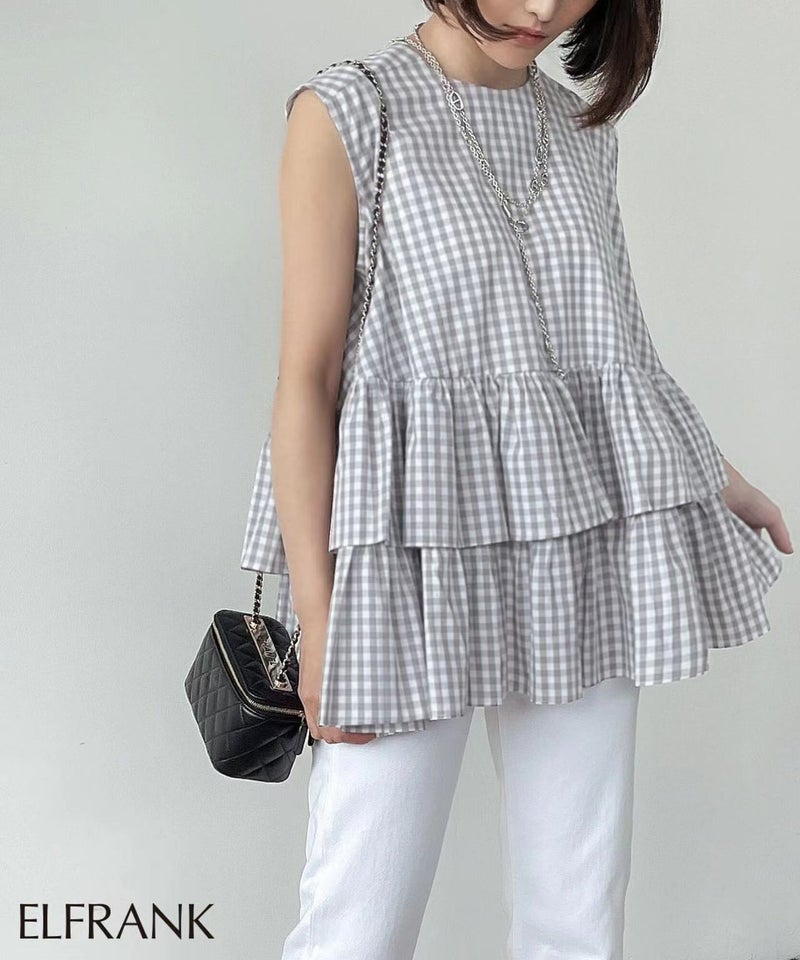 Sweet Japanese Doll Shirt Summer New Loose Round Neck Multi-color Gray plaid - Image 1