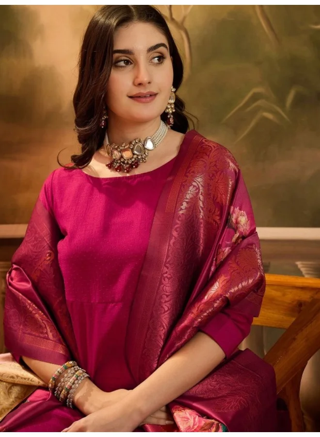 AKS Red Chinnon Anarkali With Jacquard Dupatta