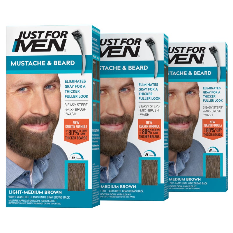 Just For Men Mustache & Beard, Beard Coloring for Gray Hair with Brush, with Keratin Biotin Aloe and Coconut Oil for Healthy Facial Hair - Light-Medium Brown, M-30, Pack of 3 (Packaging May Vary) - Image 1