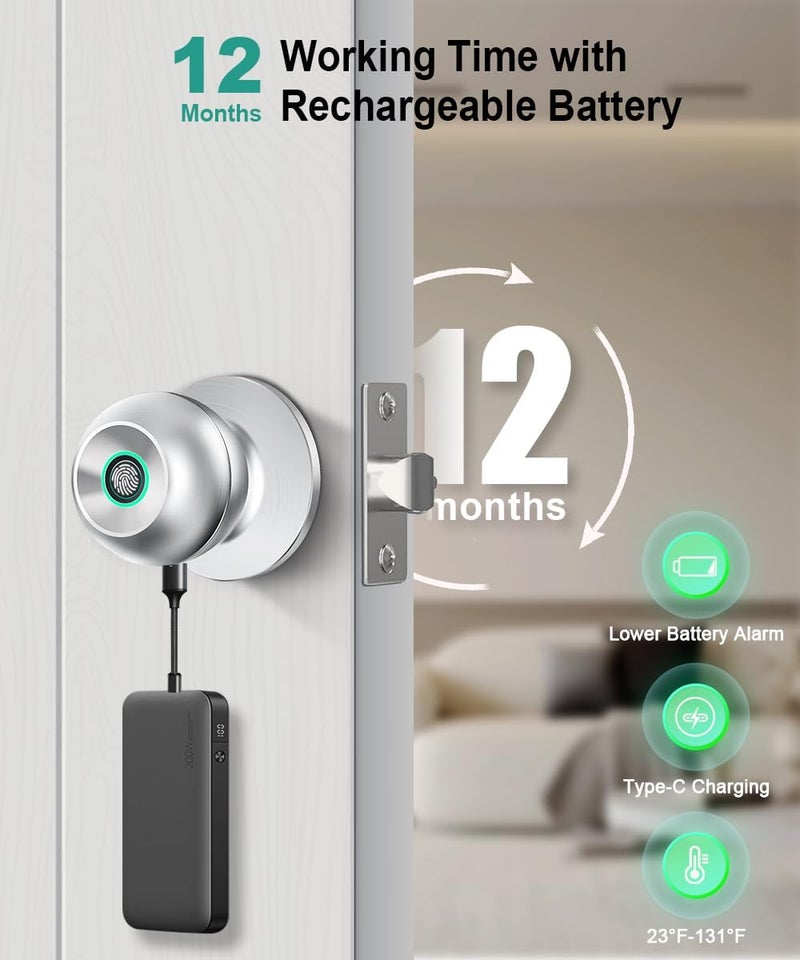 KLLOQUE Fingerprint Door Lock, Smart Fingerprint Door Knob with Lock, Biometric Door Knob with App Control & Key, Keyless Thumbprint Entry Door Locks for Bedroom, Front Door, Home and Garages-Polished Silver - Image 4