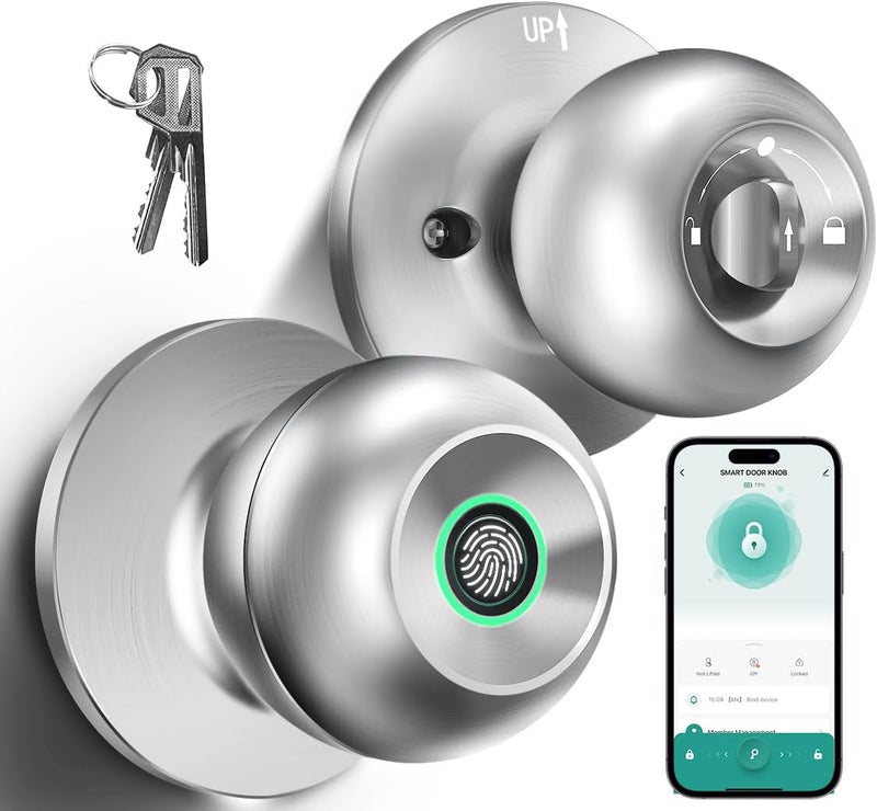 KLLOQUE Fingerprint Door Lock, Smart Fingerprint Door Knob with Lock, Biometric Door Knob with App Control & Key, Keyless Thumbprint Entry Door Locks for Bedroom, Front Door, Home and Garages-Polished Silver - Image 1