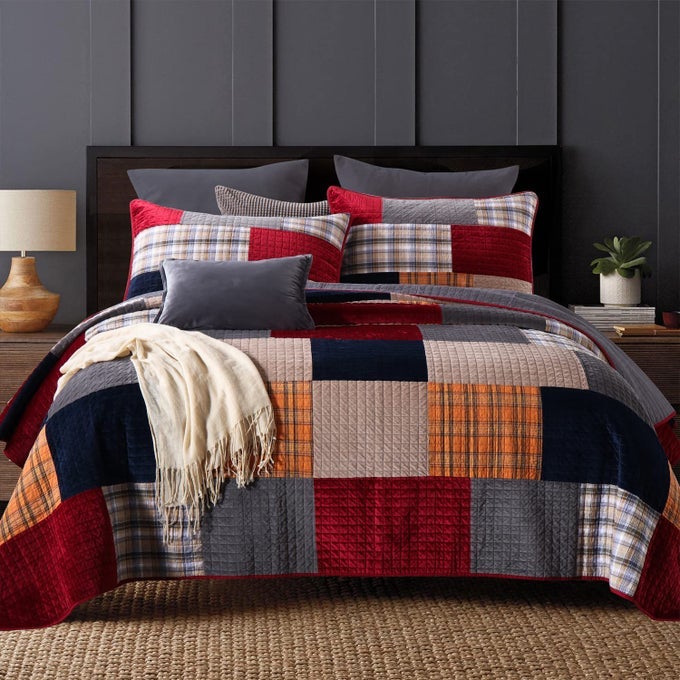 IMPORTS VELVET KING SIZE COMFORTER SET COTTON VELVET QUILT KING SIZE SET RED BLACK BEDSPREADS 96 108 INCH WITH 2 PILLOW SHAMS PATCHWORK REVERSIBLE LIGHTWEIGHT BEDDING