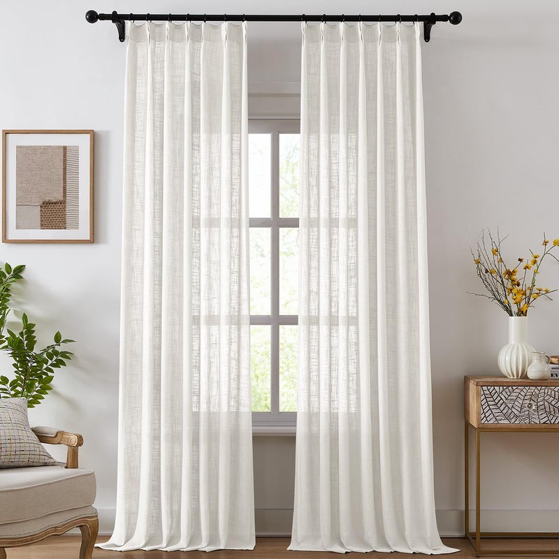Swandream Pinch Pleated Linen Curtains for Living Room, Light Filtering Sheer Curtains 84 inches Long, Farmhouse Natural Pinch Pleat Drapes, Semi Sheer Window White Curtain with Hooks 2 Panels - Image 1