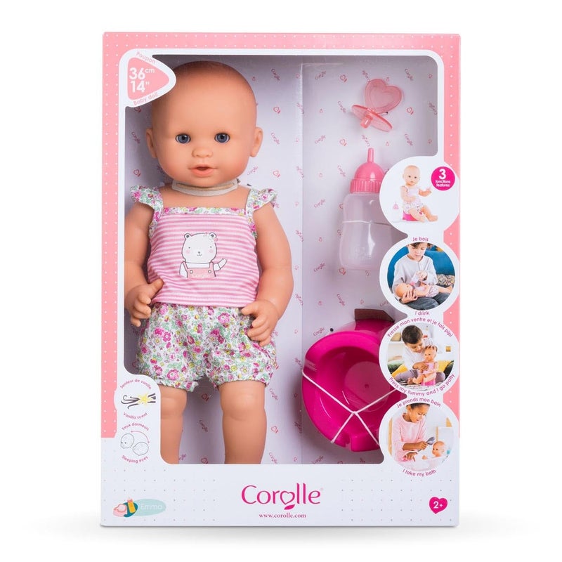 Corolle Drink and Wet Bath Baby Emma - 14â€ Girl Baby Doll with 3 Accessories - Bottle, Potty, and Pacifier - Really Drinks and Goes Potty, for Kids Ages 2 Years and up - Image 1