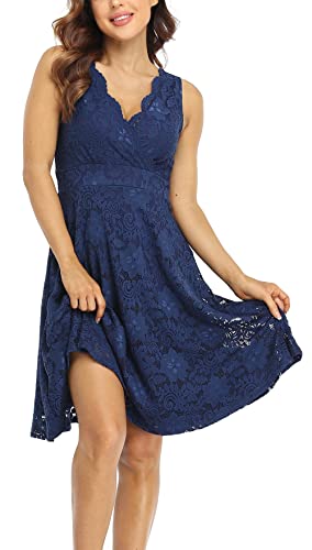 MISS MOLY Women Floral Lace Overlay Fit and Flare Dress Elegant V Neck Knee Length Skater Dress Blue M - Image 3
