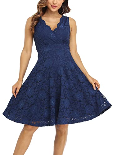 MISS MOLY Women Floral Lace Overlay Fit and Flare Dress Elegant V Neck Knee Length Skater Dress Blue M - Image 1