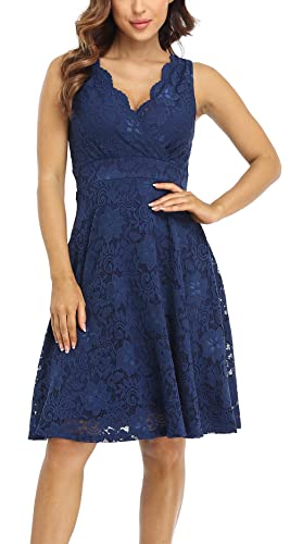 MISS MOLY Women Floral Lace Overlay Fit and Flare Dress Elegant V Neck Knee Length Skater Dress Blue M - Image 2