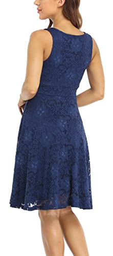 MISS MOLY Women Floral Lace Overlay Fit and Flare Dress Elegant V Neck Knee Length Skater Dress Blue M - Image 5