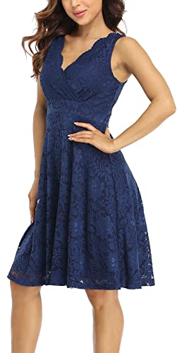 MISS MOLY Women Floral Lace Overlay Fit and Flare Dress Elegant V Neck Knee Length Skater Dress Blue M - Image 4