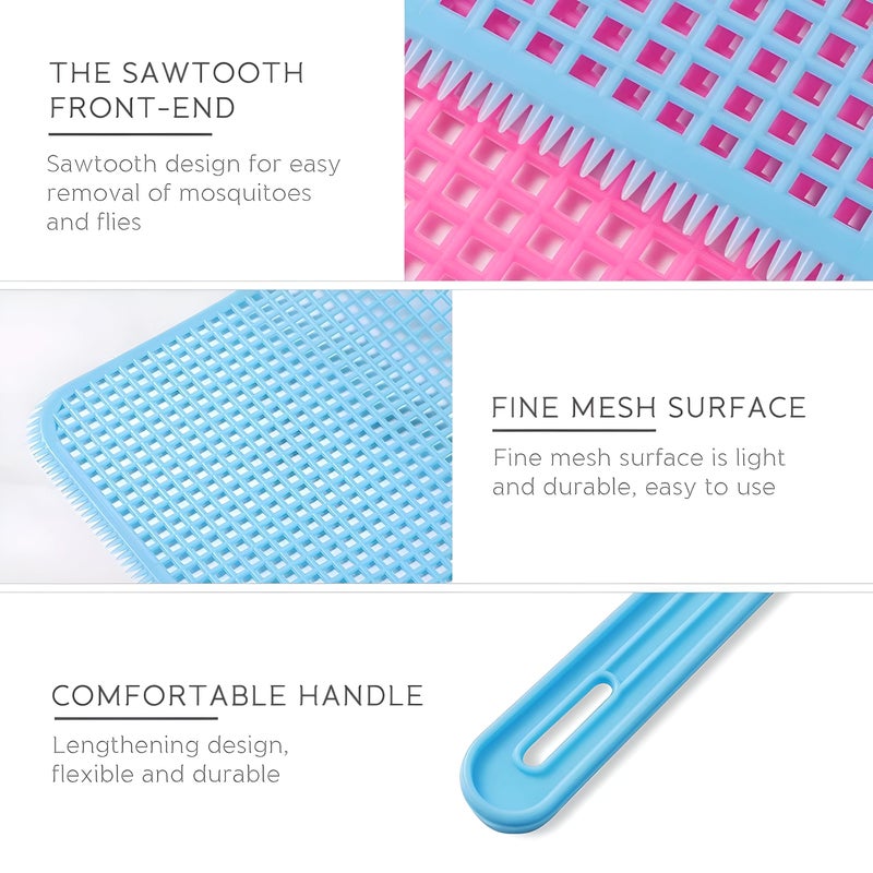Plastic Fly Swatter - Long-handle design with fine mesh and sawtooth edge for superior fly capture, flexible durable build in assorted colors, 3-pack for home and outdoor use. - Image 2