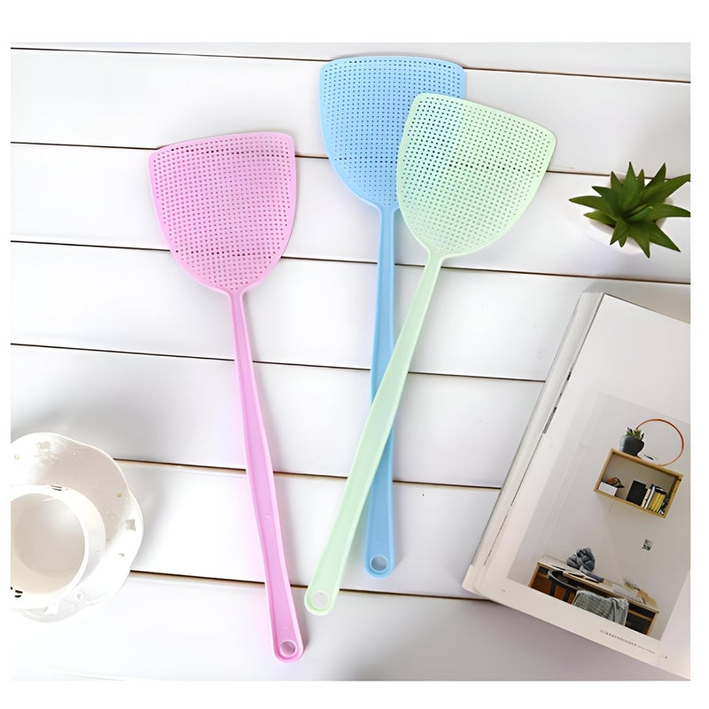 Plastic Fly Swatter - Long-handle design with fine mesh and sawtooth edge for superior fly capture, flexible durable build in assorted colors, 3-pack for home and outdoor use. - Image 1