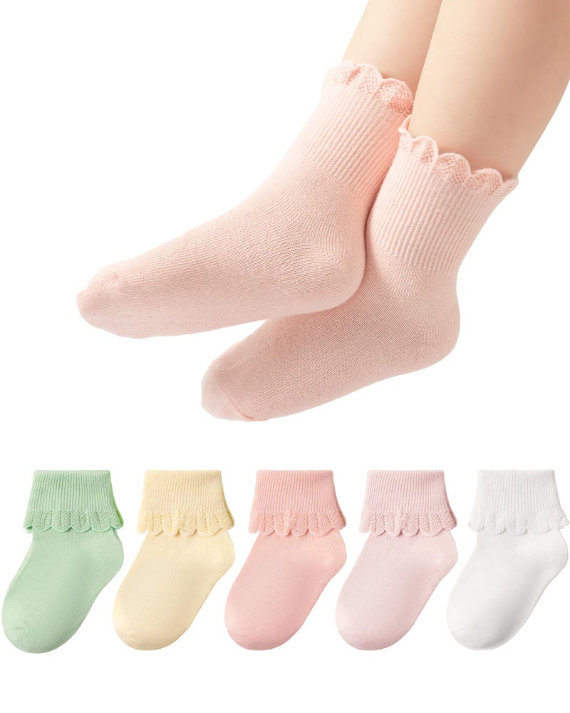 Funjoon Toddler Girl Socks Ruffle Dress Cotton Socks Little Girl Turn Cuff Frilly sock, Multicolor 2-4Y - Image 1