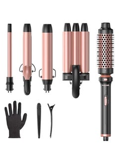 Wavytalk 5 in 1 Curling Wand Set with 5 Interchangeable Barrels, Thermal Brush, Hair Crimper, and 3 Ceramic Curling Wands (0.5-1.25), Dual Voltage, Rose Pink