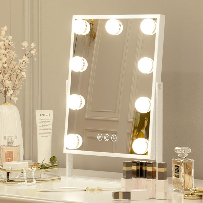 FENCHILIN Vanity Mirror with Lights Hollywood Lighted Makeup Mirror with 9 LED Bulbs, 3Colors Dimable Light Detachable 10X Magnification(White) - Image 1